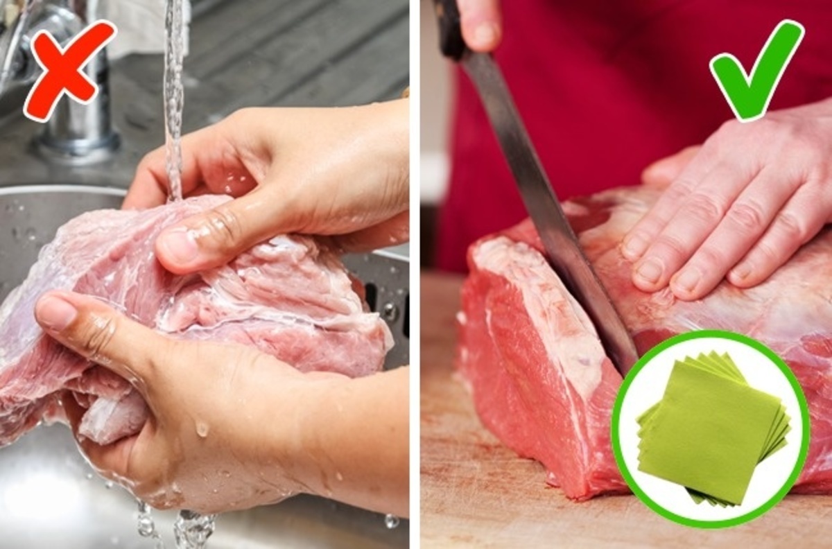Не есть сырое мясо плохо проваренное. Промываем мясо перед готовкой. Мытье мясной продукции.